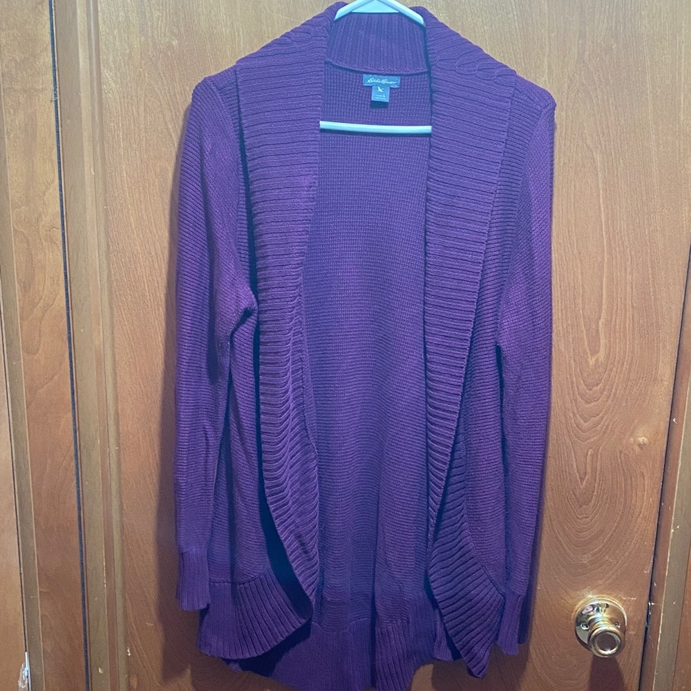 Eddie Bauer Deep Purple Large Open Front Knit Cardigan Lagenlook Fall